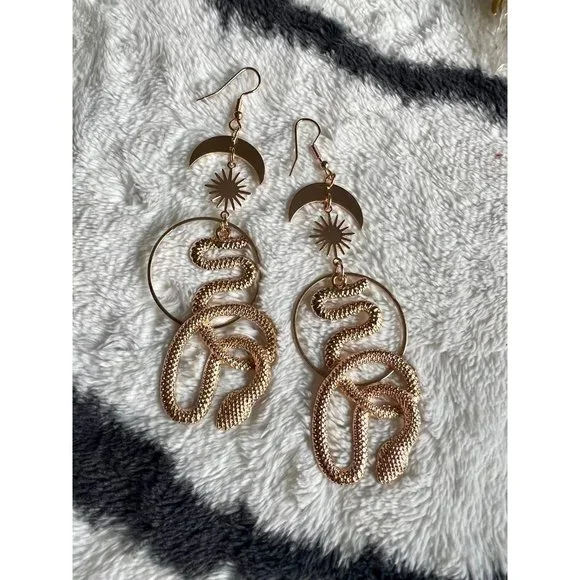 LAST ONE! Gold Moon Serpent Snake Earrings - Picture 2 of 3